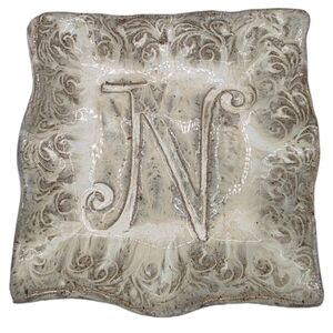 Pottery INITIAL PLATE N Hand Made By Jenni Hillman Beige Tan  Platter Serveware